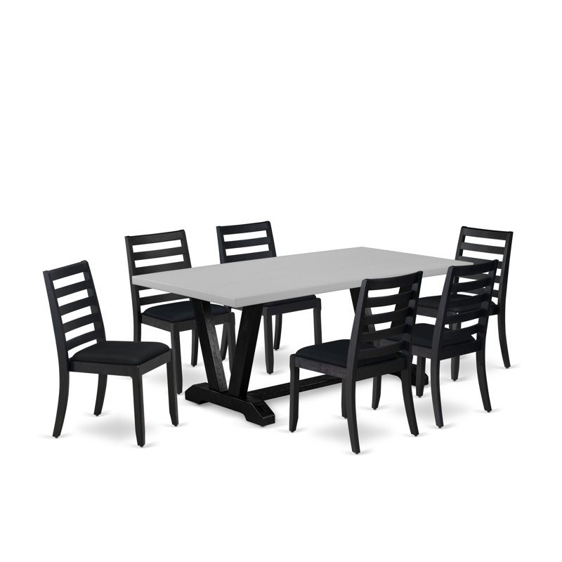 L'ensemble de table de cuisine 7 pièces se compose d'une table de cuisine rectangulaire et de 6 chaises empilables en tissu de polyester noir, finition noire brossée