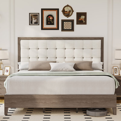 Behka Full Solid Wood Platform Bed with Upholstered Tufted Headboard, Ash Gray