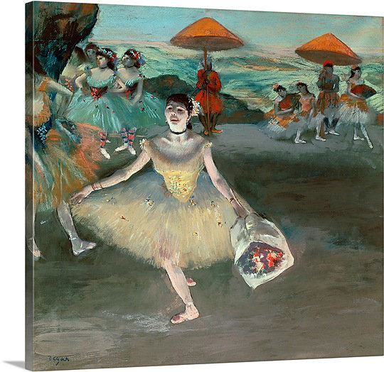 «Dancer with Bouquet, Curtsening, 1877» par Edgar Degas, reproduction d'art, H 34 po x l 36 po x P 1,5 po, Toile