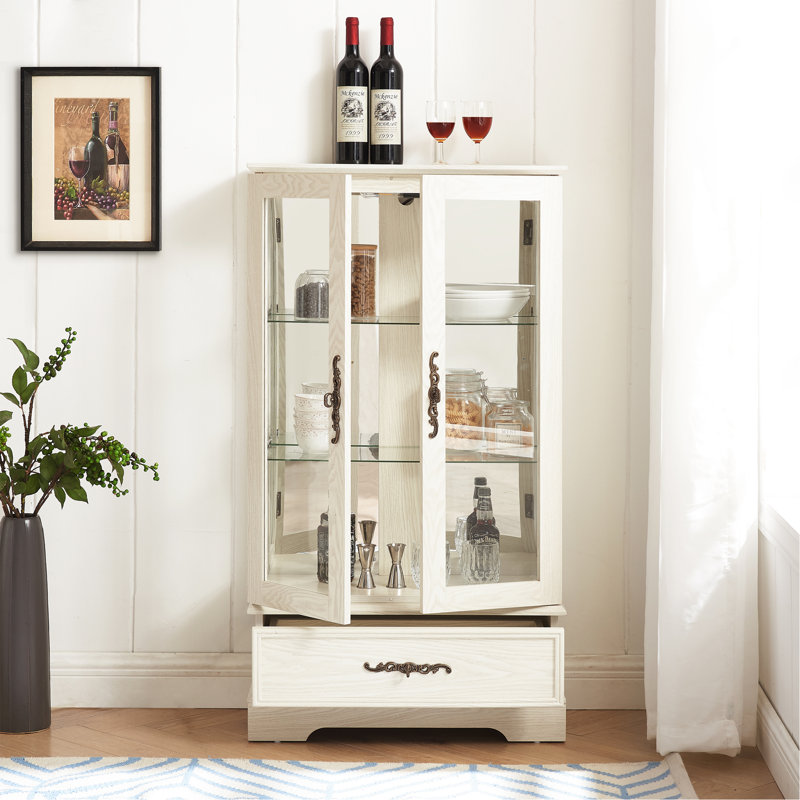Lighted Glass Curio Cabinet with Adjustable Shelves - Elegant 2-Door Display Cabinet & Built-in Drawer, Includes Bulb, White
