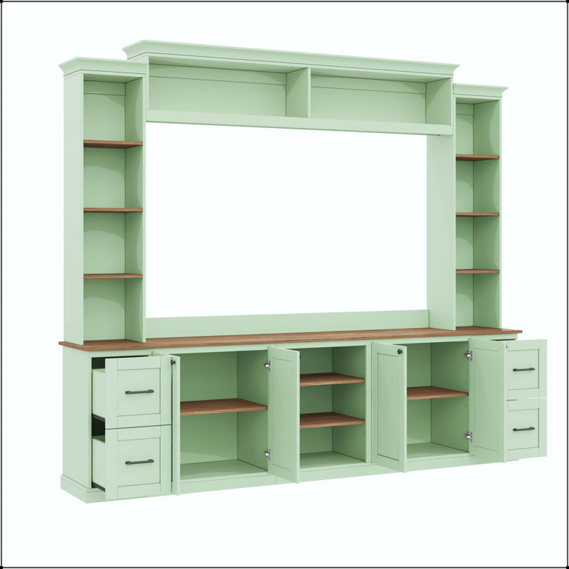 Meuble audio-vidéo 94,8 po 4 en 1 avec tablettes, 4 tiroirs et 8 tablettes réglables - Vert menthe