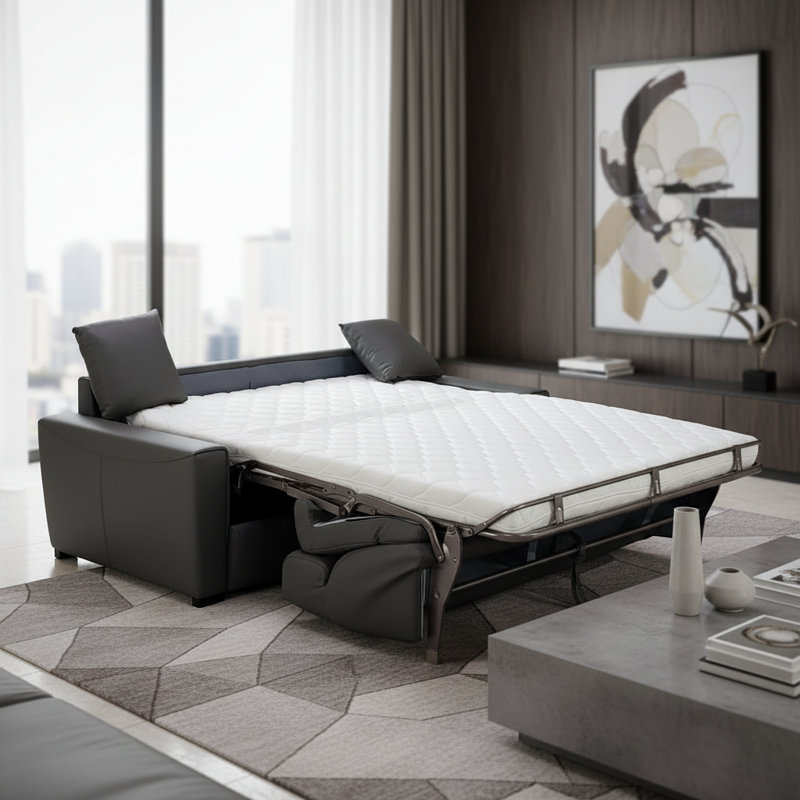 Capozzi 85" Genuine Italian Top Grain Leather Queen Sleeper Sofa Bed with Memory Foam Mattress