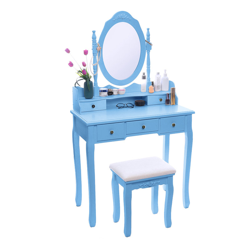 Ensemble coiffeuse avec tabouret et miroir Damichael, Bleu