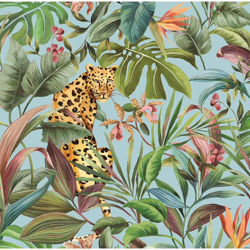 Papier peint adhésif léopard tropical noir brillant Daisy Bennett Designs, Bleu ciel brillant