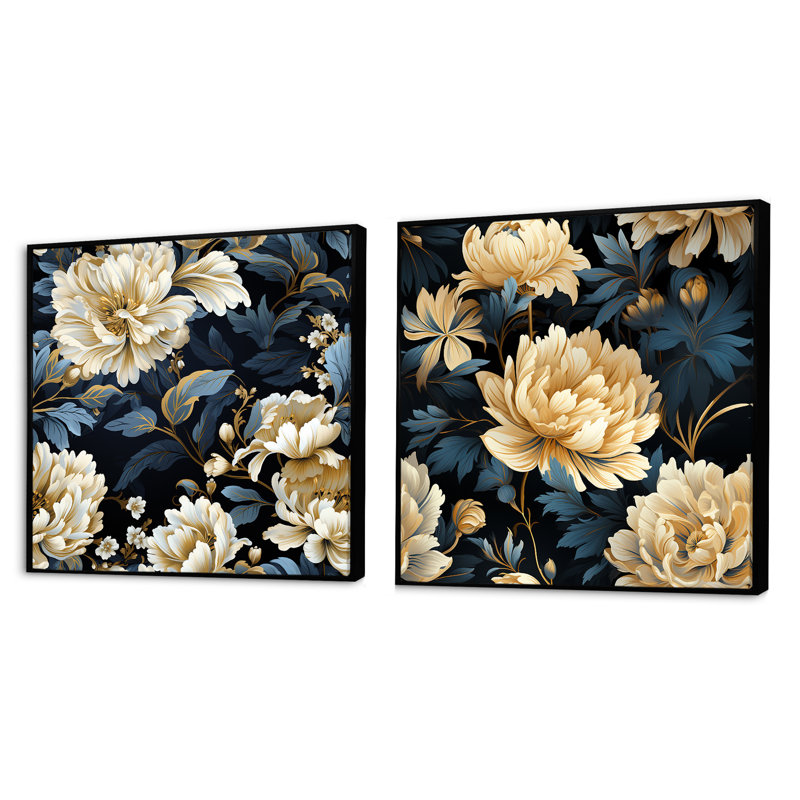 Lilya - Ensemble de 2 collages carrés floraux, Cadre flottant noir, H 30 po x l 61 po