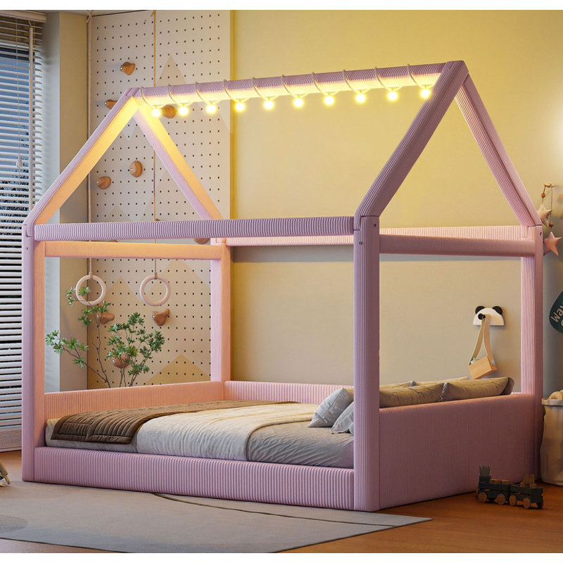 Lit de jour double rembourré avec bandes lumineuses DEL, Rose