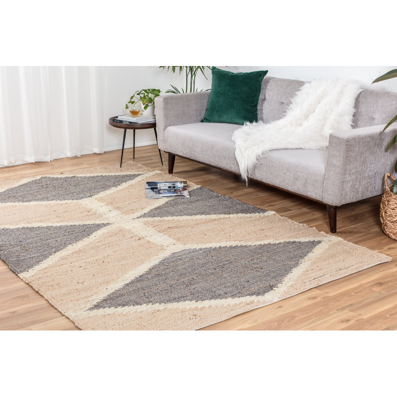 Kenyetta Geometric Hand-Loomed Jute/Sisal Area Rug in Gray/Ivory/Tan, Rectangle 7'6" x 9'