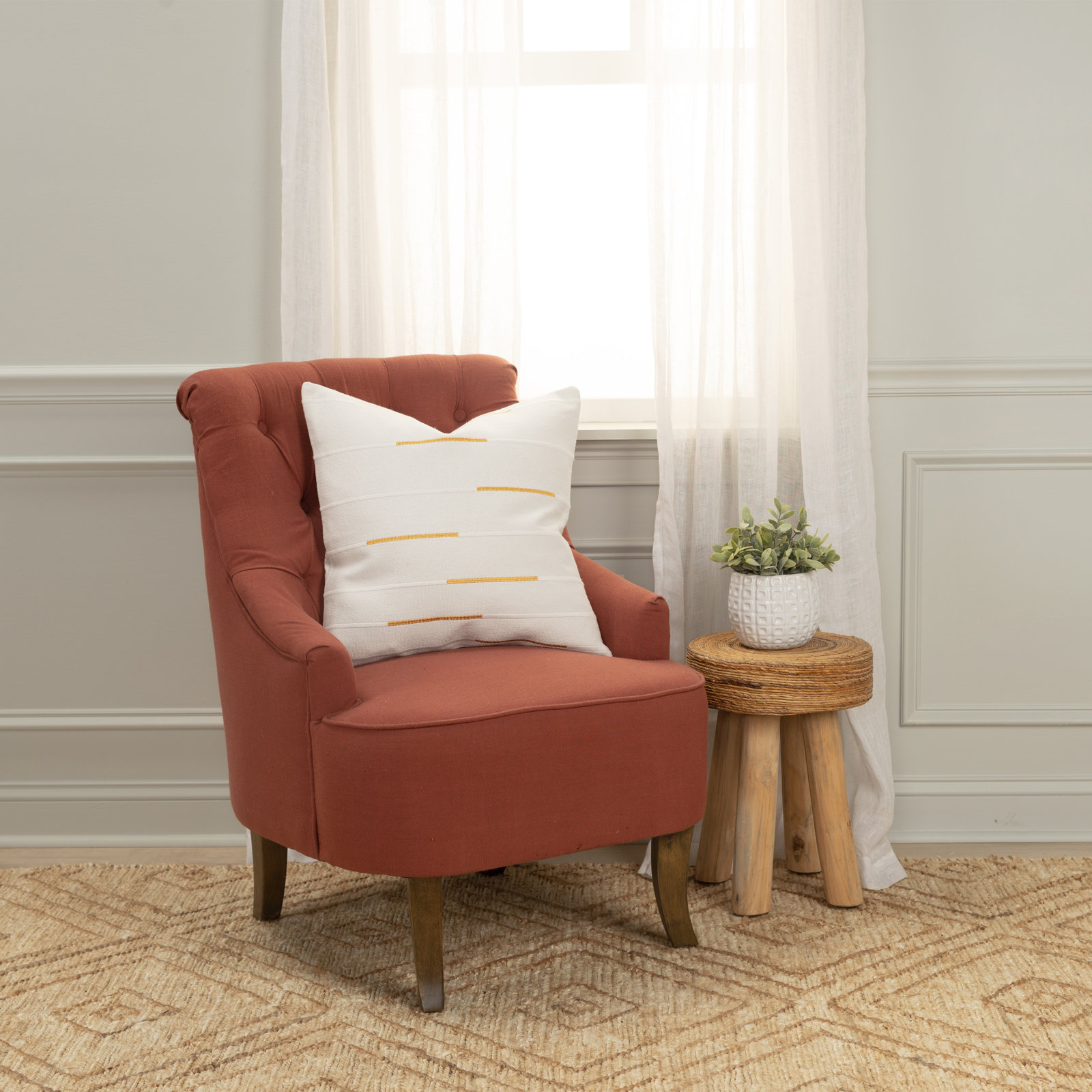 Oda 20" x 20" Embroidered Throw Pillow, Ivory/Yellow