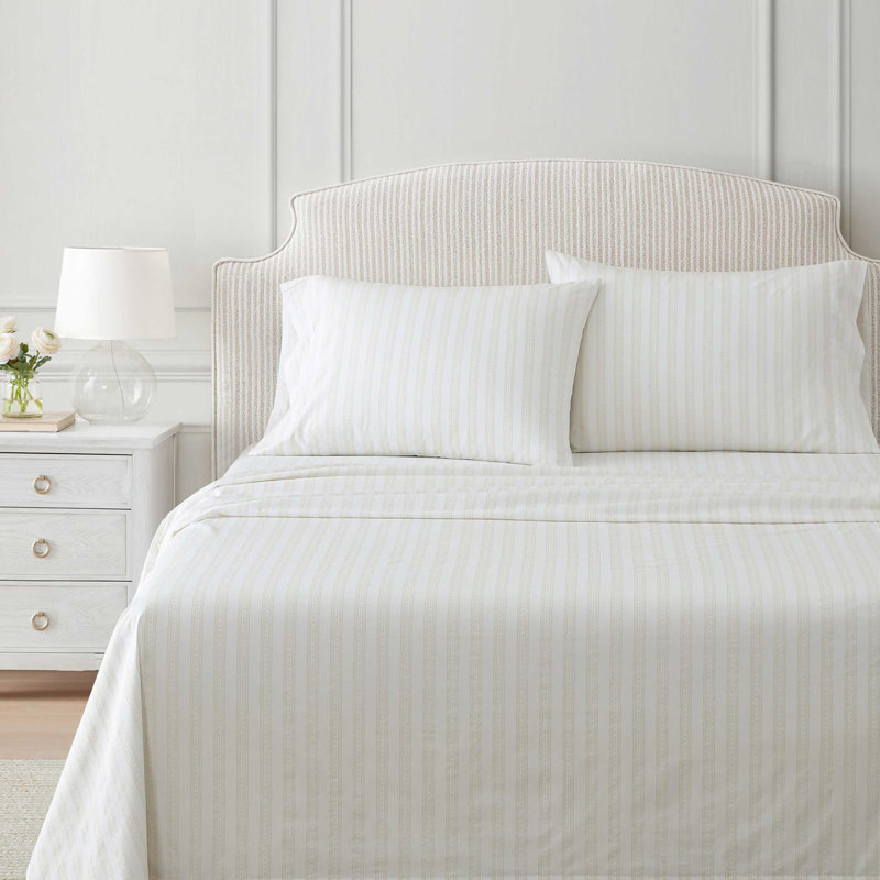 Martha Stewart Cotton Percale  Sheet Set, King Sheet Set with 2 Pillowcases, Francesca Stripe Beige