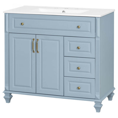 Meuble-lavabo 36 po avec lavabo, armoire de salle de bain en bois massif avec tiroir rabattable, 3 tiroirs et 2 portes