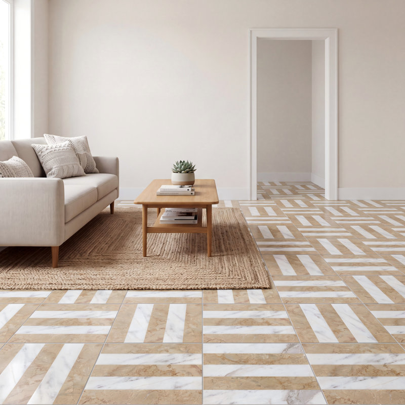 12" x 12" White & Gray Waterjet Marble Tile, Polished Natural Stone Floor & Wall Tile, 8 Pieces, Jaune 2