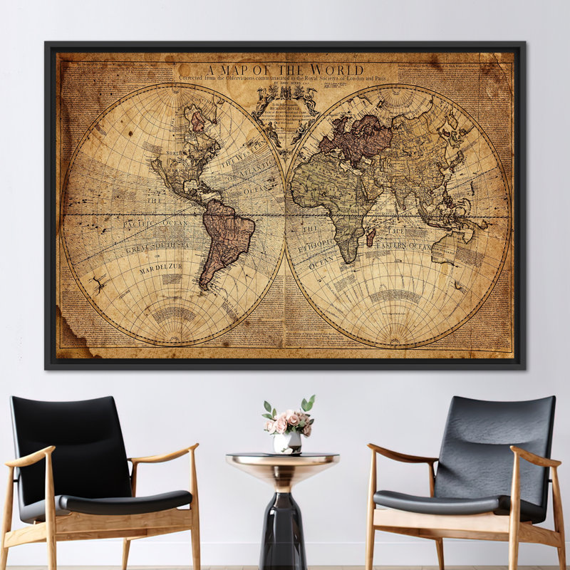 Ancienne carte du monde sur toile, impression murale distinctive avec carte antique, H 41 po x l 94 po