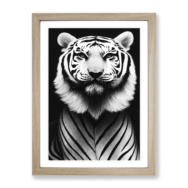 Monochrome Tiger No.2 - Framed Print, 64cm H x 46cm W x 2cm D, Oak