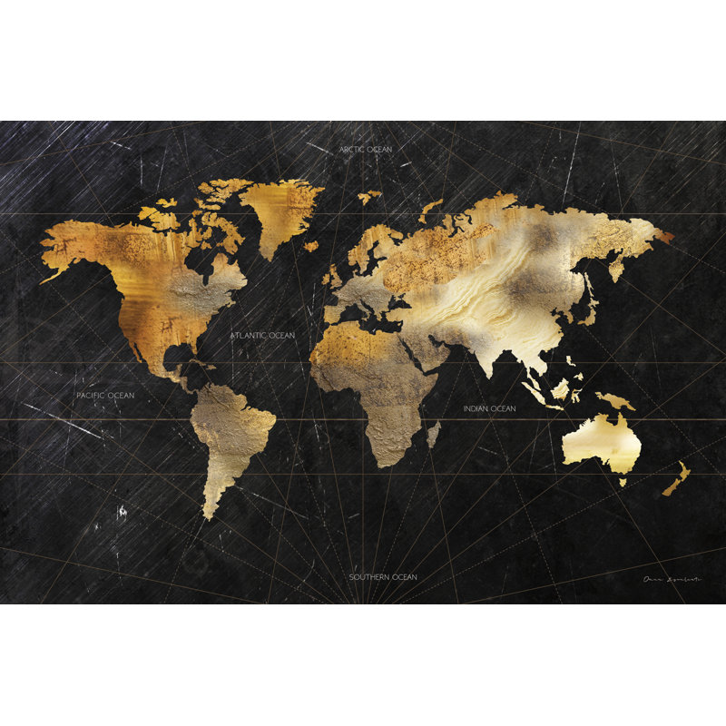 Dramatic World Map - Impression sur toile tendue, H 32 po x l 48 po, Papier avec cadre noyer, Oui