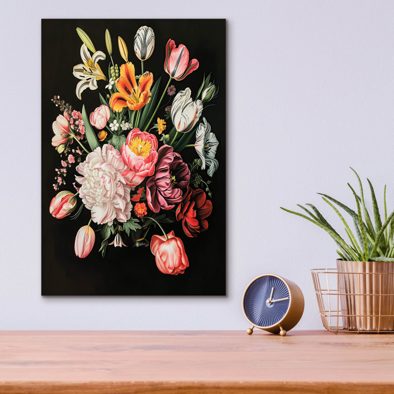 Fleurs sur fond noir, art mural en verre 4 pi par Momart, H 16 po x l 12 po x P 0,13 po