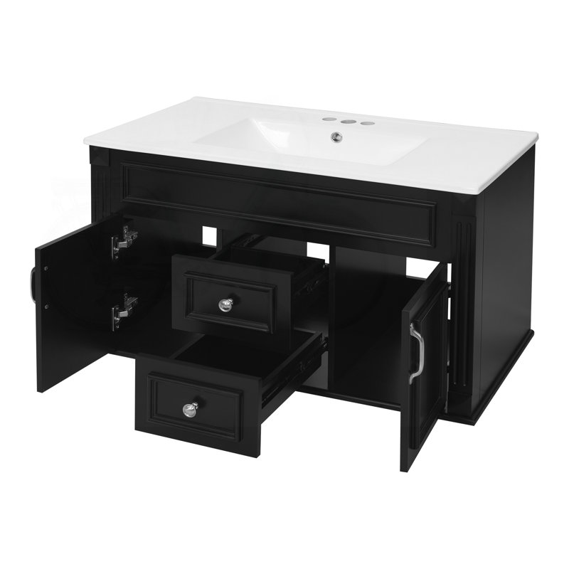 Meuble-lavabo flottant mural 36 po avec tiroirs à fermeture douce de style français, Black