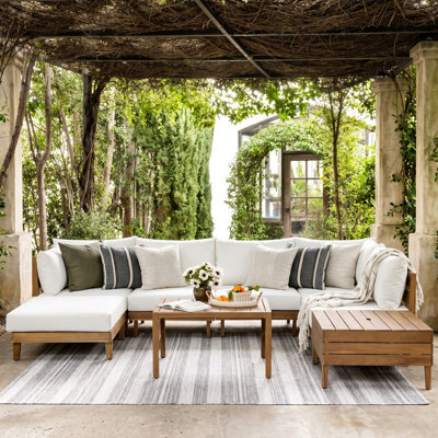 Yorza 6-Person Modern Rustic Outdoor Modular Acacia Wood Sectional Sofa Set with Storage Coffee Table, Water-Repellent Cushions & Flexible Configuration for Backyard, Poolside