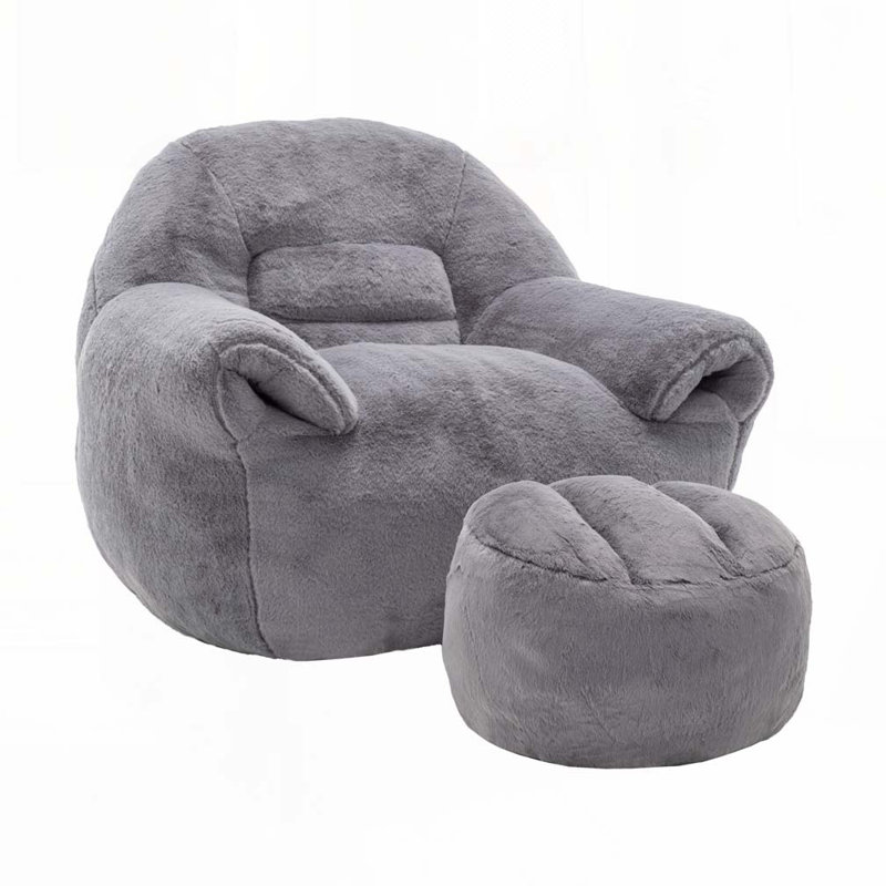 Faux Fur Bean Bag Chair With Ottoman, Gray
