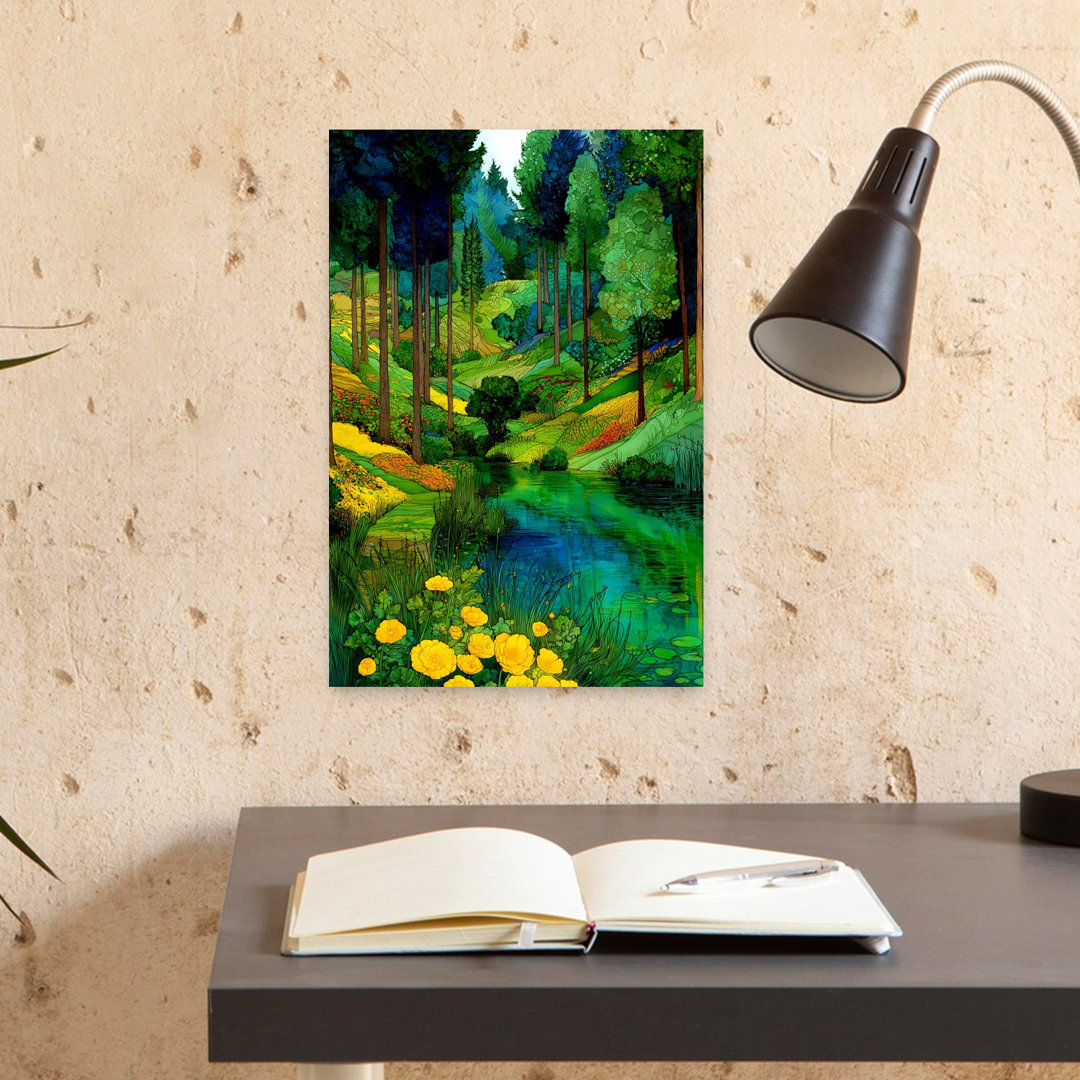 Vibrant Forest River Valley Colorful Peaceful Serene Forest Landscape Wall Art Print
