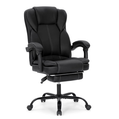 Ergonomic Black PU Leather Office Chair with 3D Lumbar Support and Reclining Retractable Footrest