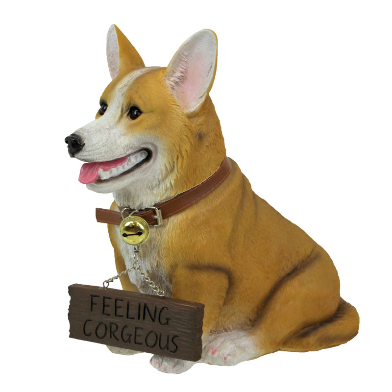 Tan polyresin Welsh Corgi dog statue with reversible sign for indoor/outdoor decor — 11.5" H x 13.5" L x 5.5" W