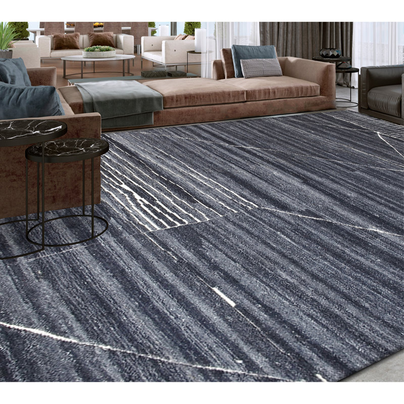 Hand Knotted Striped Area Rug in Charcoal, Rectangle 10' x 14'