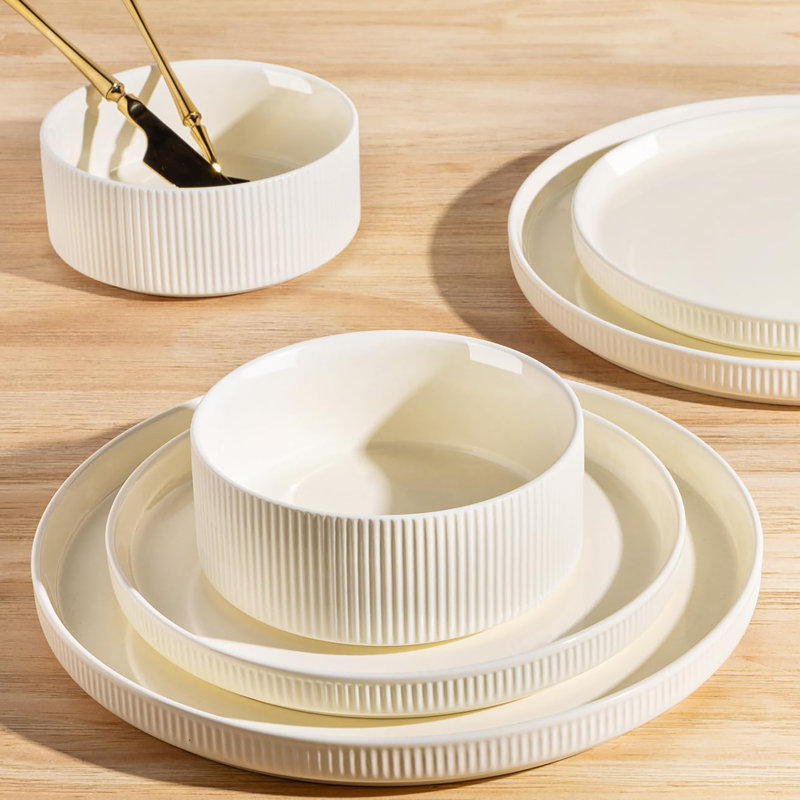 Service de table en céramique 12 pièces pour 4 personnes - Ensemble de bols et assiettes en porcelaine légère | Résistant aux égratignures | Va au four, au micro-ondes et au lave-vaisselle