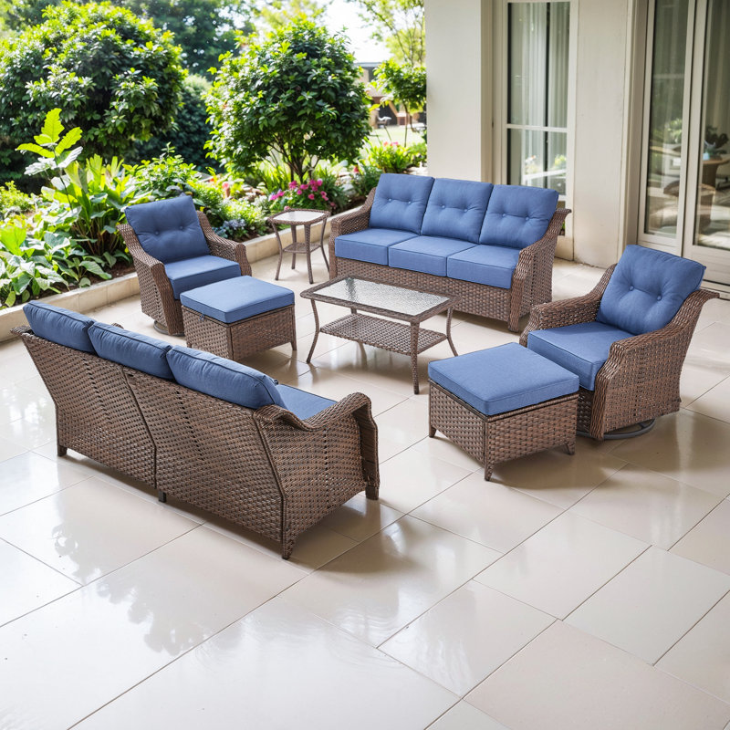 Ensemble de conversation avec canapé en rotin pour 8 personnes Acton avec repose-pieds et coussins épais de 6 po Acton, Blue