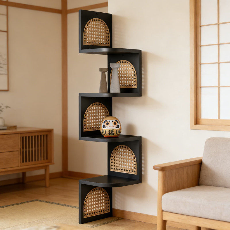 Tablettes d'angle flottantes, tablette murale à 4 niveaux en zigzag avec bois de pin massif et rotin, rangement peu encombrant pour le salon, la cuisine, la chambre à coucher et la salle de bain