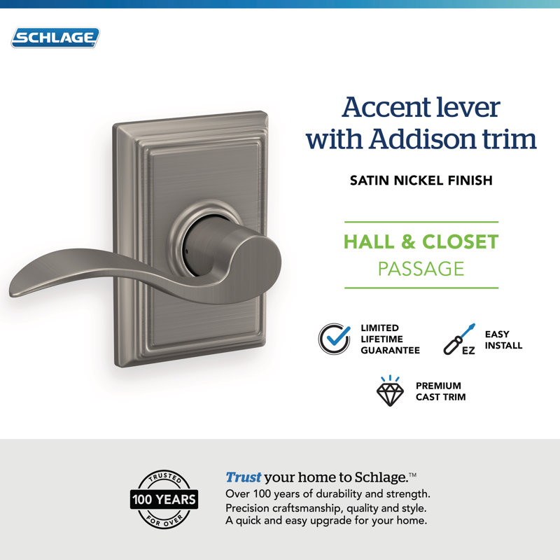 Accent Passage Door Lever with Addison Rosette, Satin Nickel