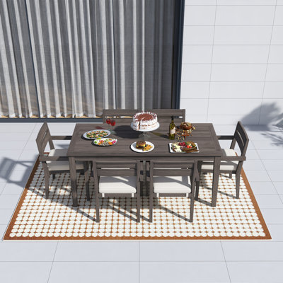 7 Pieces Outdoor Acacia Wood Patio Dining Set, With 6 Chairs And 1 Large Table, Stackable Chair,Removable Cushion And Cushion Cover,Easy To Install