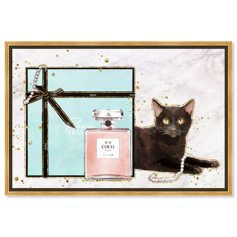 Cat Glam Blue Box - impression sur toile, H 16 po x l 24 po, Cadre flottant doré