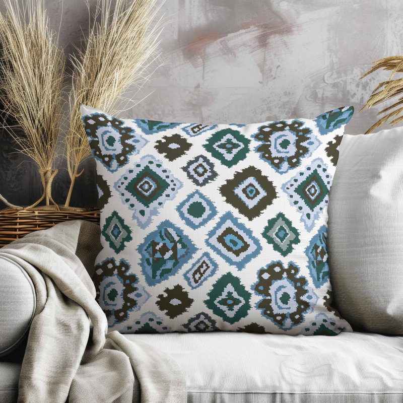Oreiller imitation daim Ikat Diamond, Carré 18 po, Bleu/blanc/vert
