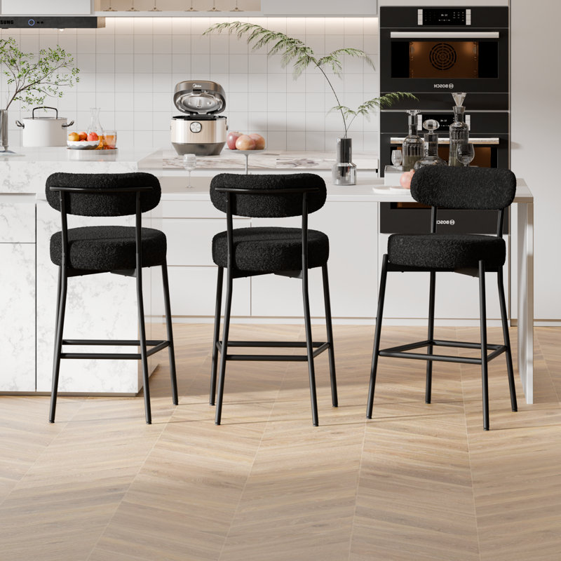 Sherpa Counter Height Bar Stools Set of 4 Modern Upholstered Barstools with Curved Open Back/Round Seat Boucle Comfortable Bar Chairs for Kitchen Island, 24.6 Inch