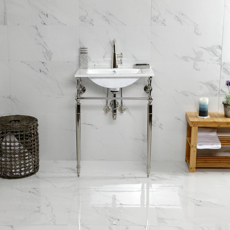 Kingston Brass Edwardian 24-Inch Ceramic Console Sink with Brass Legs (1-Hole), White/Polished Nickel