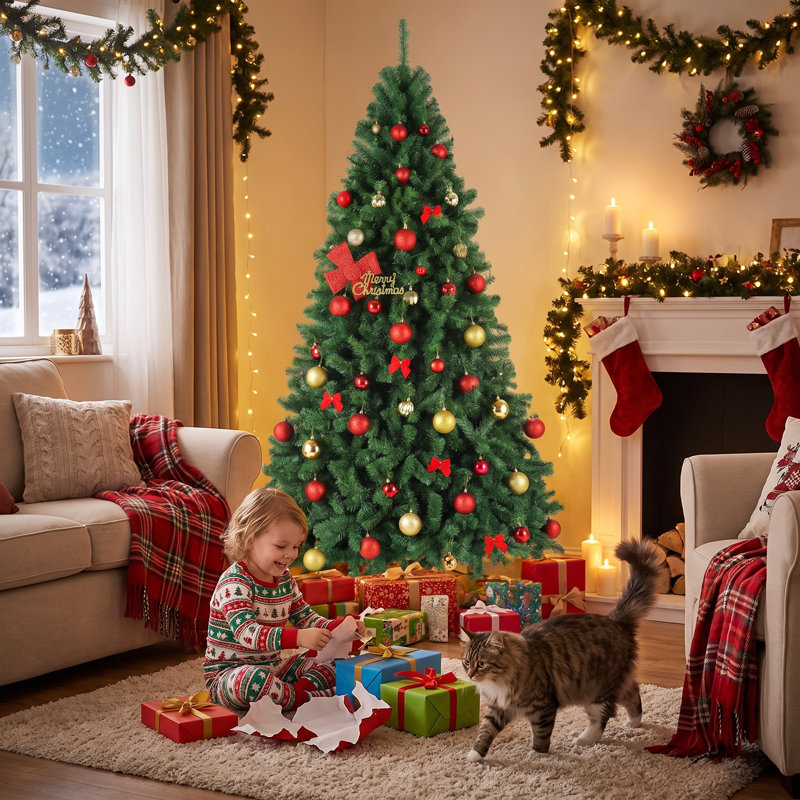 Sapin de Noël artificiel vert de 1,80 m (6 pi) non illuminé, 800 extrémités de branches articulées en PVC PE, avec support en métal