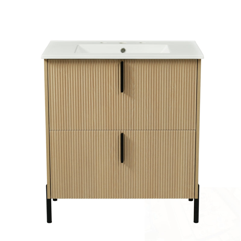 Meuble-lavabo avec lavabo et 2 tiroirs, Naturel