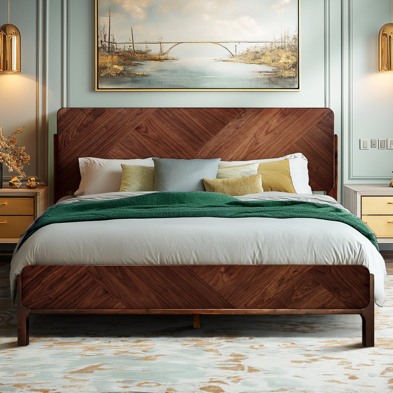 Bifrost 100% Solid Acacia Wood Platform Bed With Tall Headboard And Footboard, Mid-Century Art Deco Design, No Box Spring Needed, Sturdy Slat Support, Scratch & Water-Resistant