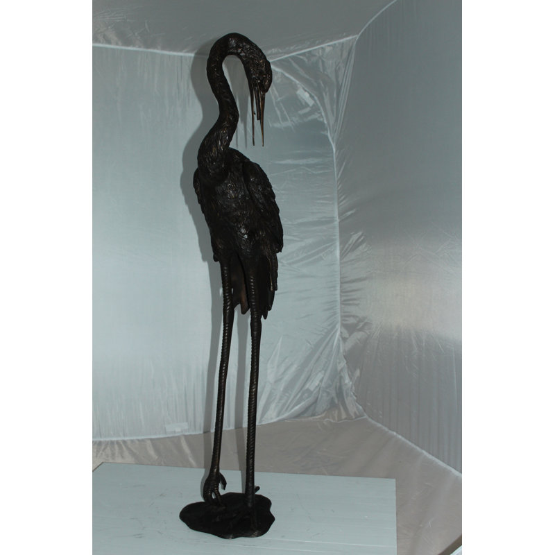Crane Head Down Bronze Fountain Statue - Symbol of Peace for Garden & Patio Decor, 10"L x 9"W x 44"H