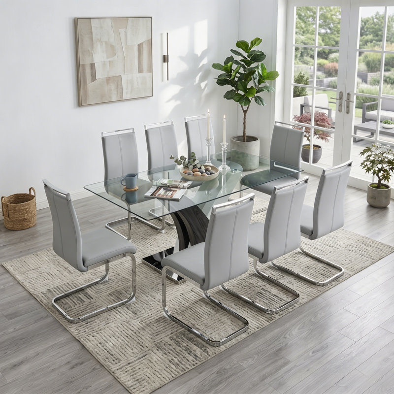 Harada 9-Piece 71" Rectangular Tempered Glass Dining Set with Metal Pedestal and Faux Leather Cantilever Chairs, Light Gray