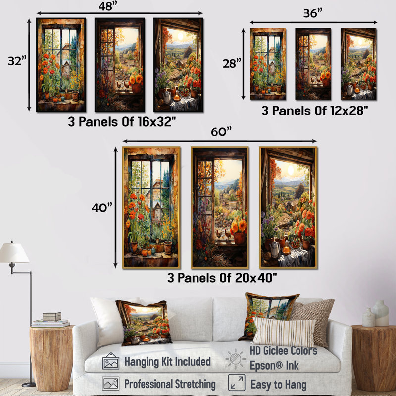 «Brown Farmhouse Window Blooms In Summer I», ensemble de 3 reproductions d'art mural, Cadre flottant noir, H 28 po x l 36 po