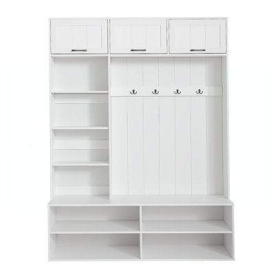 76.9''H Farmhouse Hall Tree with Bench and Shoe Storage, 5-in-1 Entryway Bench with Coat Rack, Modern Entryway Storage Organizer Cabinet with 4 Hooks for Hallway, Entryway, Living Room