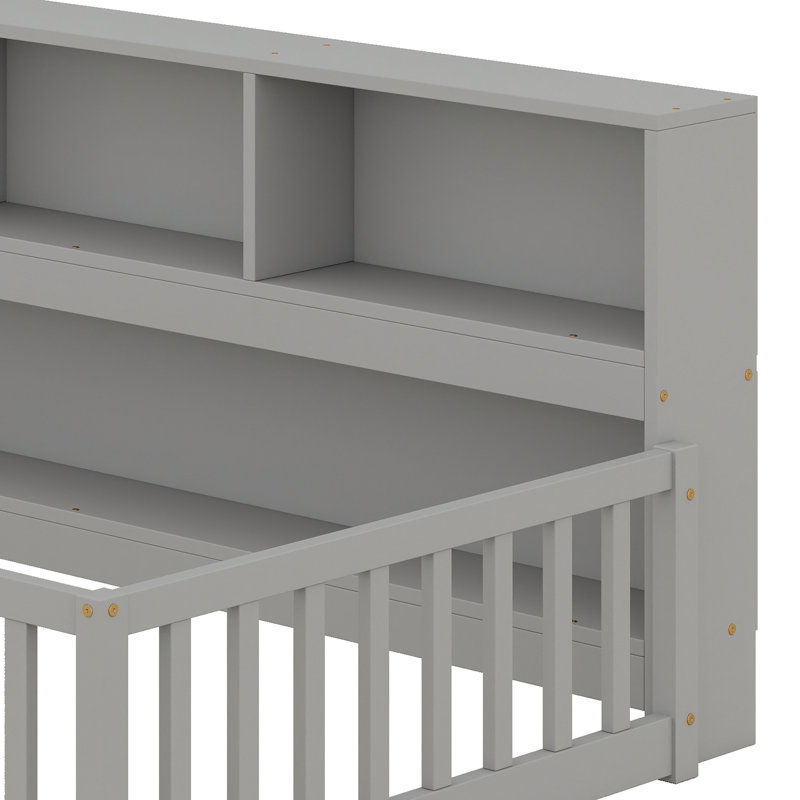 Lit plateforme multifonctionnel avec garde-corps, bibliothèque de chevet et tablettes, gris, Twin