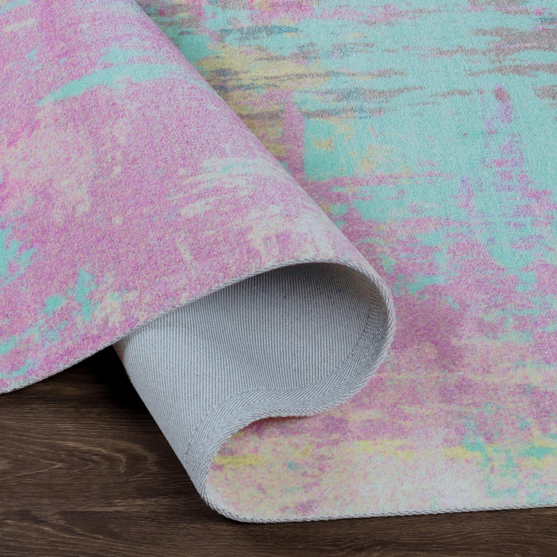 Tapis bleu / mauve à motif abstrait tissé à la machine Bevin, Tapis de couloir 2 pi 6 po x 8 pi