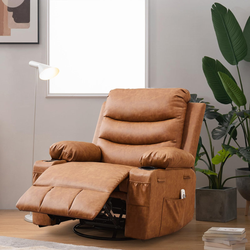 Fauteuil inclinable à bascule pivotant 360 ° pour petits espaces, fauteuil de chambre de bébé rembourré en tissu avec poches latérales avec porte-gobelet, fauteuil inclinable massant et chauffant