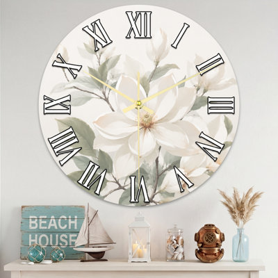 Plants & Flowers Floral Magnolia Pattern With Roman Numerals Ultra Clear Glass Wall Clock