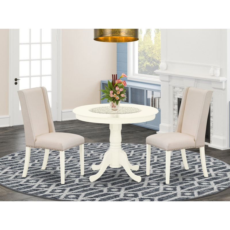 3 Piece Dining Room Furniture Set Contains a Round Kitchen Table with Pedestal and 2 Cream Linen Fabric Parson Dining Chairs, Linen White