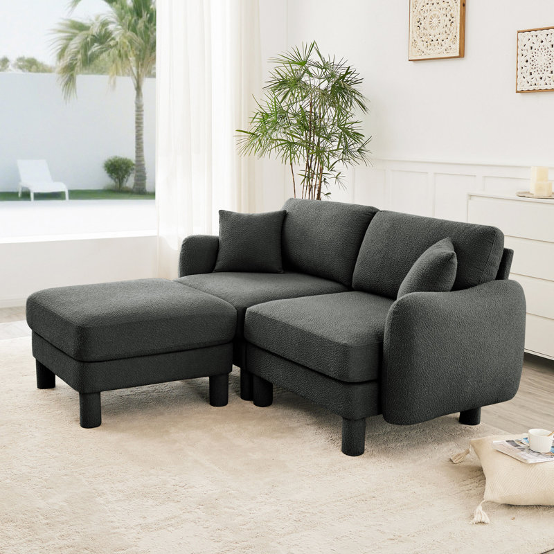 Boucle Fabric 2-seater Loveseat Sofa Couch with Distinctive Shell-shaped Armrests, Removable Ottoman and Cylindrical Legs for Modern Living Spaces