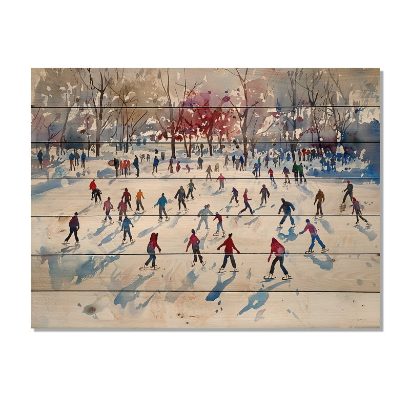 Glace sur glace, paysage d'hiver I - reproduction traditionnelle de bois rouge sur bois de pin naturel, H 24 po x l 32 po