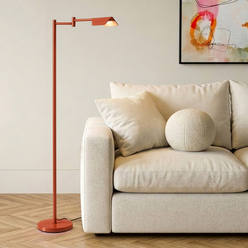 Lampadaire DEL moderne Leaf 53 po rouge brillant de style pharmacie avec bras articulé réglable, abat-jour rotatif et variateur tactile à 3 niveaux.